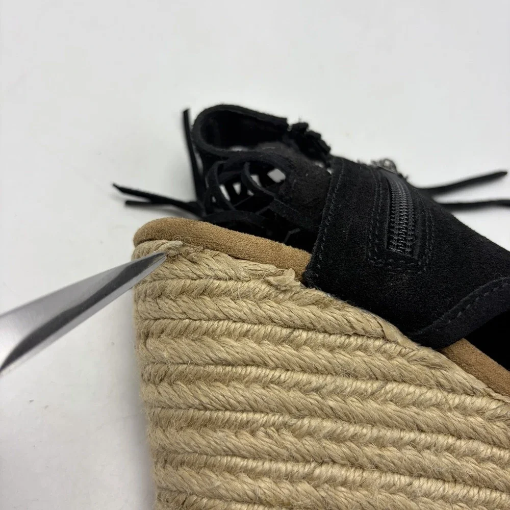 Wedge Espadrille Sandals Women 8 Blaire Black Suede Leather Fringe Festival Boho